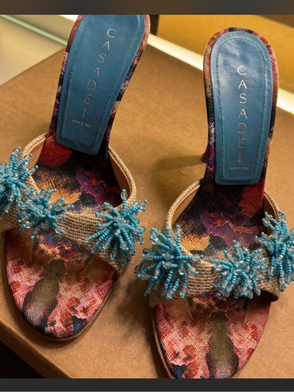 Casadei Blue Beaded Floral Slide Heels